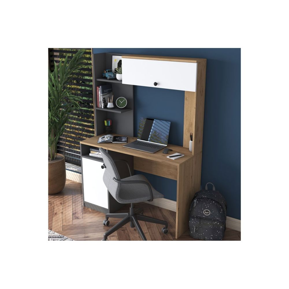 Escritorio-Librería de Melamina, Gris Oscuro-Blanco-Natural, 117x46x160 cm, Mueble Versátil para Oficina o Estudio.
