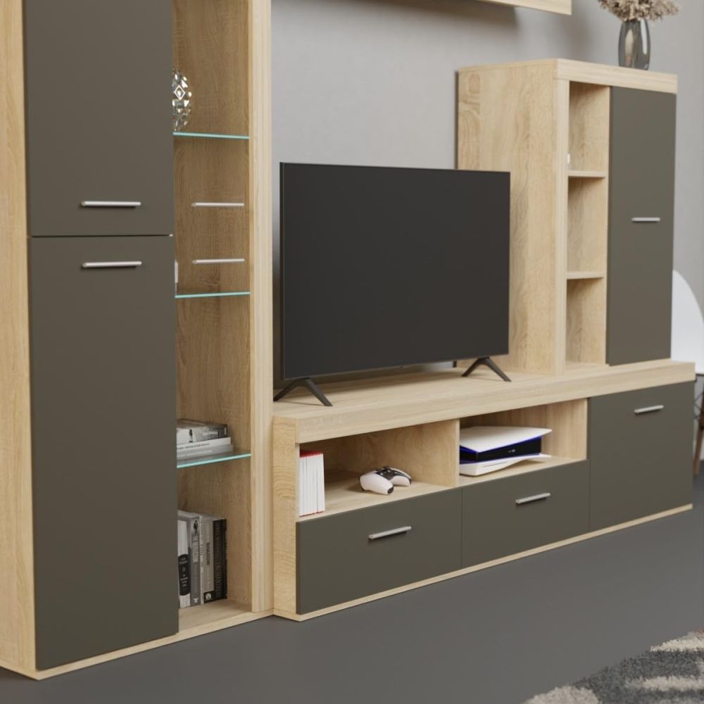 Mueble de Salón Moderno con Leds, Acabado en Cambria - Grafito, Medidas: 260 cm (An) x 191 cm (Al) 47,5 cm (Fon) Meyvaser