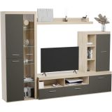 Mueble de Salón Moderno con Leds, Acabado en Cambria - Grafito, Medidas: 260 cm (An) x 191 cm (Al) 47,5 cm (Fon) Meyvaser