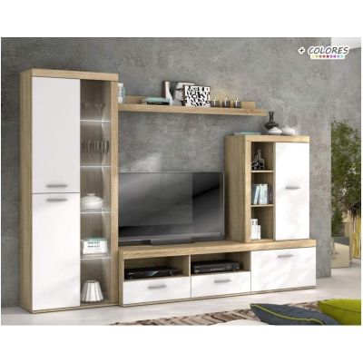 Mueble de Salón Moderno con Leds, Acabado en Cambria - Blanco, Medidas: 260 cm (An) x 191 cm (Al) 47,5 cm (Fo) Meyvaser