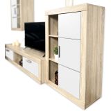 Mueble de salón y TV Moderno con Leds Color Cambria, cambria y blanco módulo de comedor