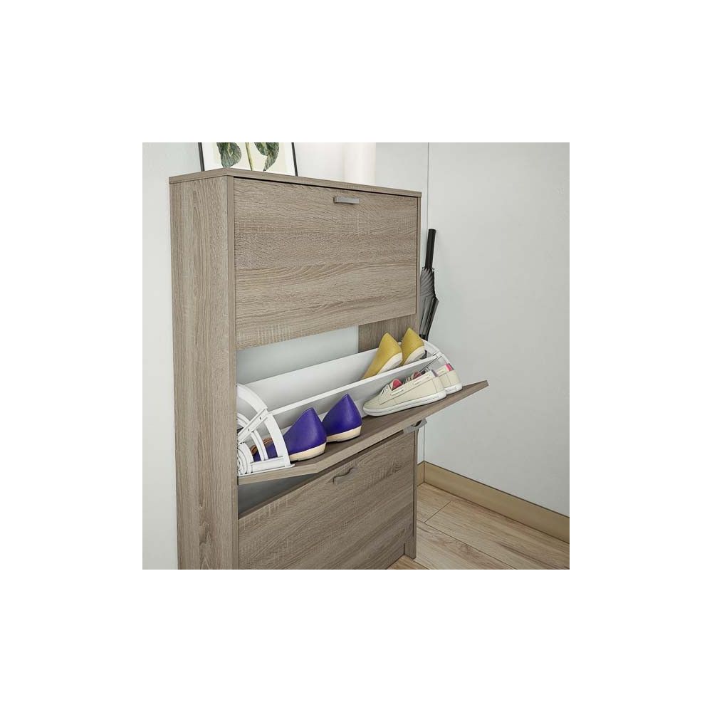 Zapatero Compacto Roble – Mueble con 3 Puertas y Doble Profundidad | MDF con Acabado Melamina | 70 x 25 x 120 cm