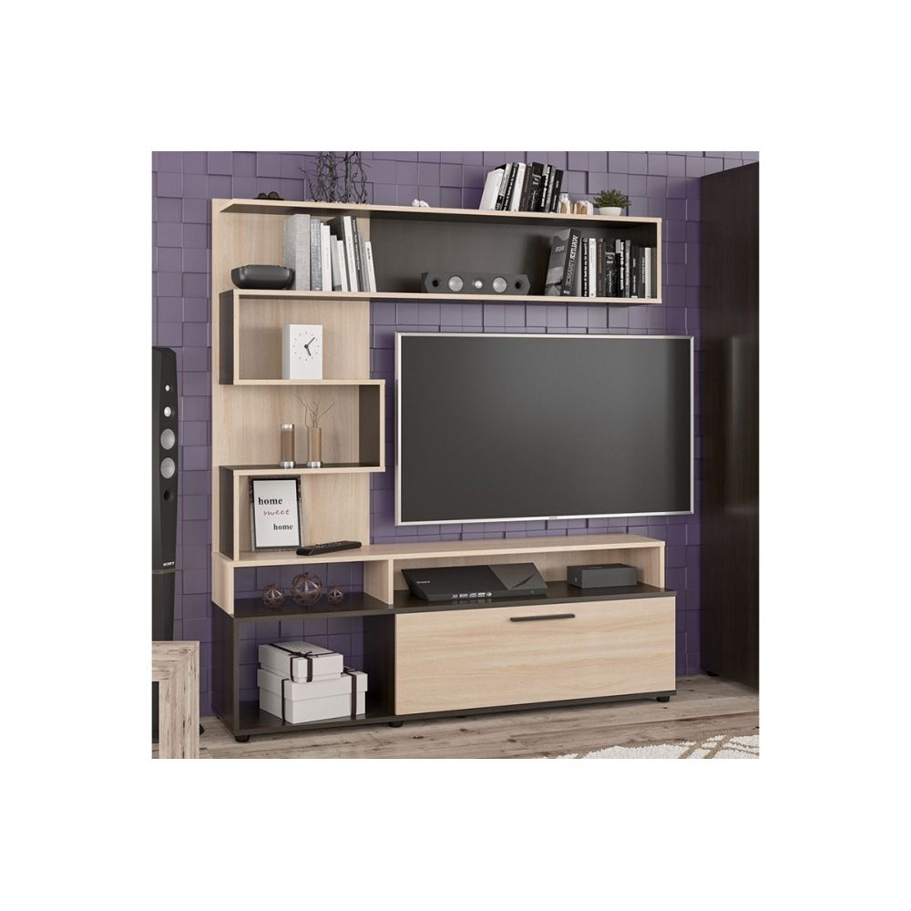 Mueble Mesa TV de Madera Color Wengué y Natural con Estantes y Puertas, 151.5x37.5x169.5 cm – Mueble salón moderno.