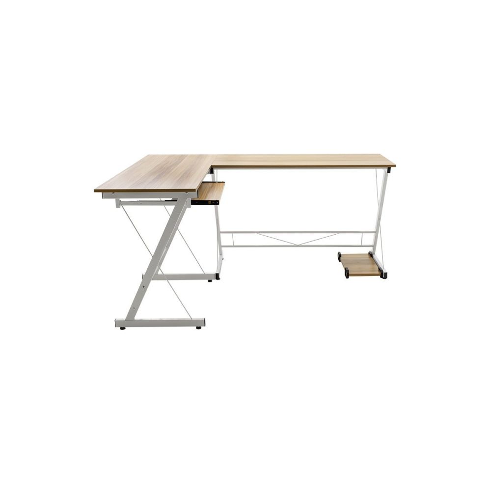 Mesa de Ordenador Esquinera Metálica en MDF Cambria y Blanco, 158x120x73cm - Espacio para Teclado y Torre
