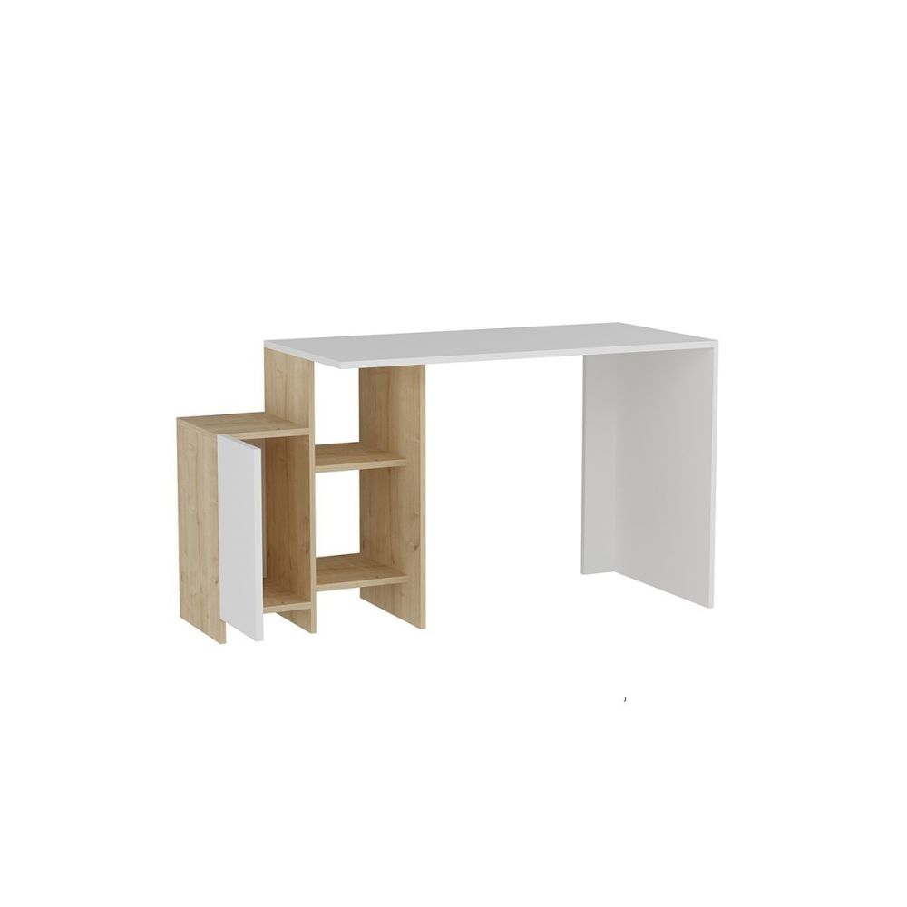 Escritorio de Oficina Moderno en Color Blanco y Roble - 113x55x74 cm - Con Cajón y Estantes